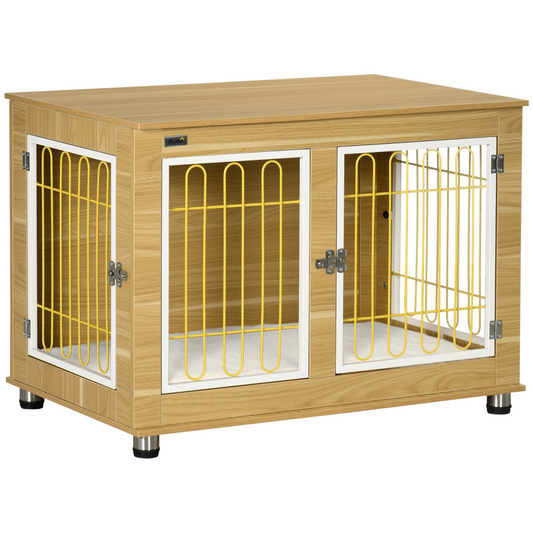 Dog Crate Furniture, Dog Crate End Table w/ Soft Cushion, Double Door - Oak Tone - Nexus Pet Care