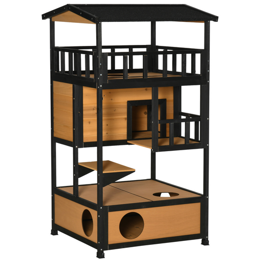 Wooden Outdoor Cat House 3-Tier Kitten Shelter w/ Tilted Roof Yellow - Nexus Pet Care