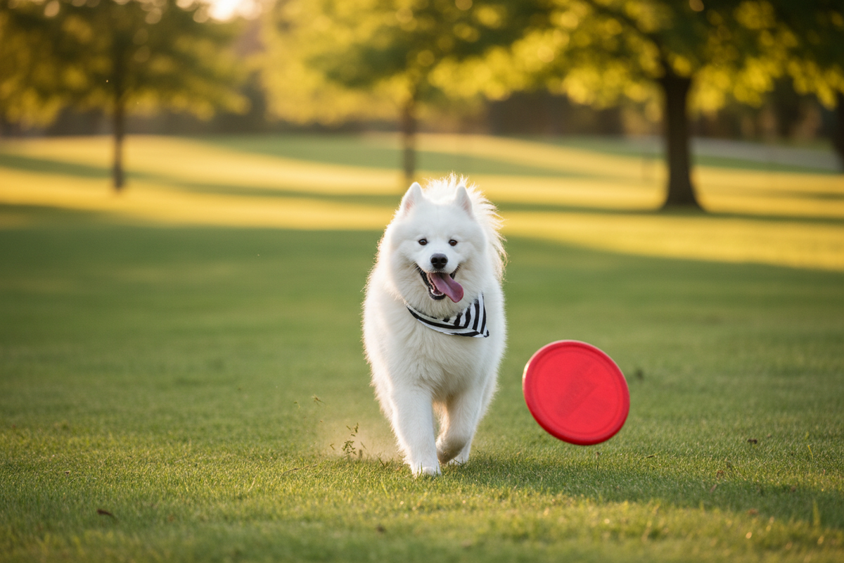A fluffy white dog running on a grassy park lawn with a red frisbee nearby, wearing a Newcastle United black and white striped bandana