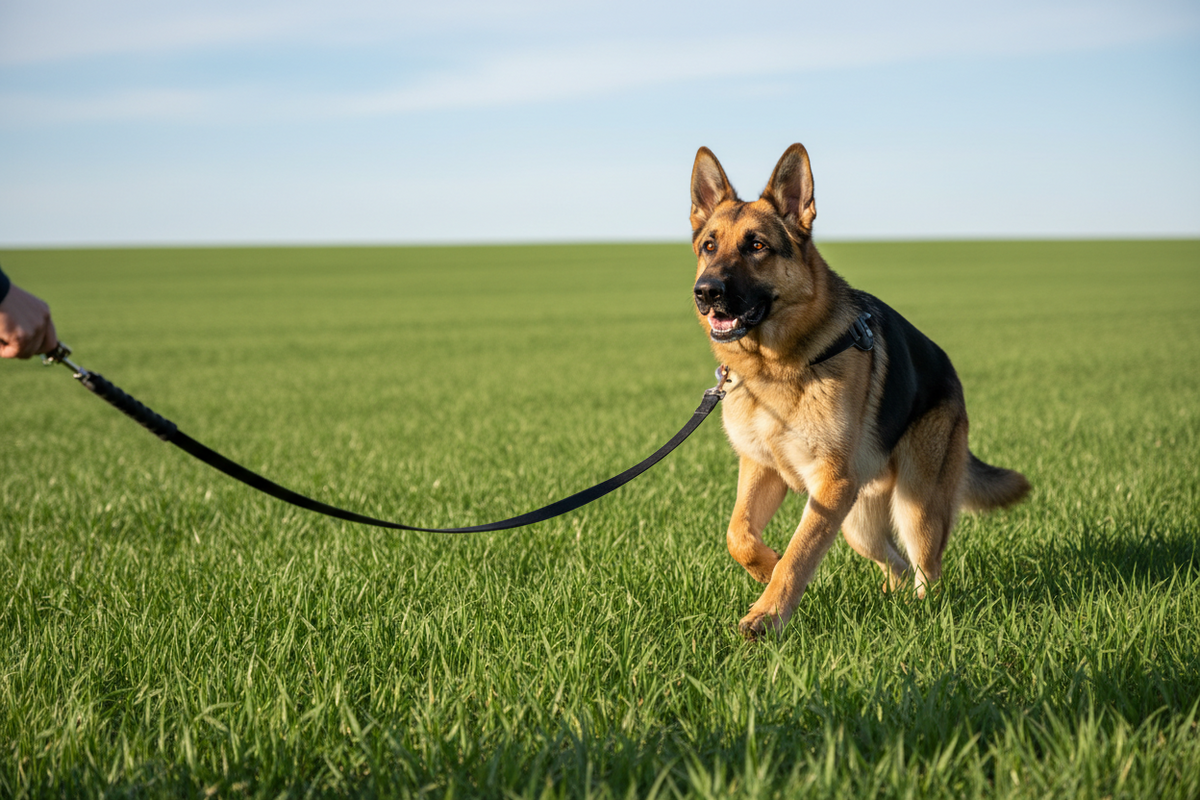 Large German Shepherd dog on black nylon tracking lead in open field - Non-Slip Dog Tracking Lead | Nexus Pet Care
