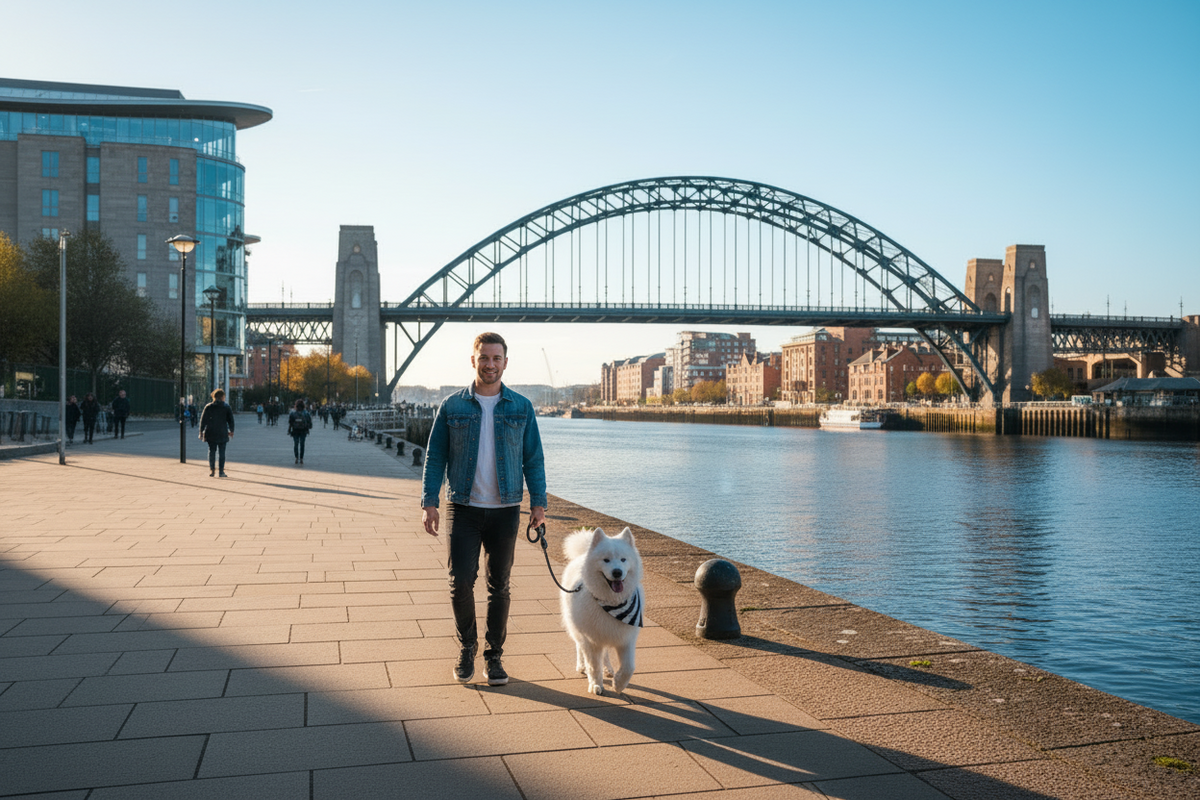 A man walking a white fluffy dog on a leash along the River Tyne and bridge under a clear blue sky.