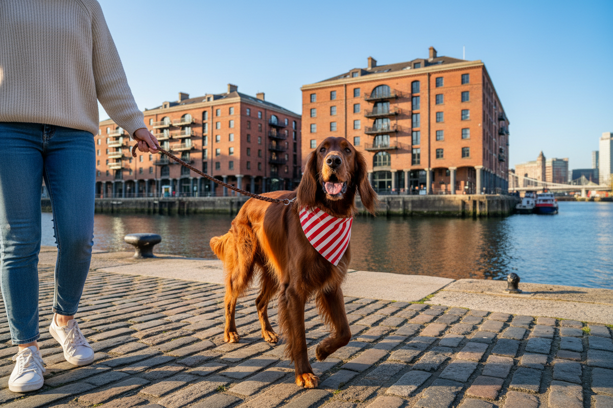 An Irish Setterdog wearing a red and white striped Liverpool bandana walks on a cobblestone waterfront promenade with a person in a beige sweater and blue jeans holding the leash, with brick apartment buildings and water in the background.