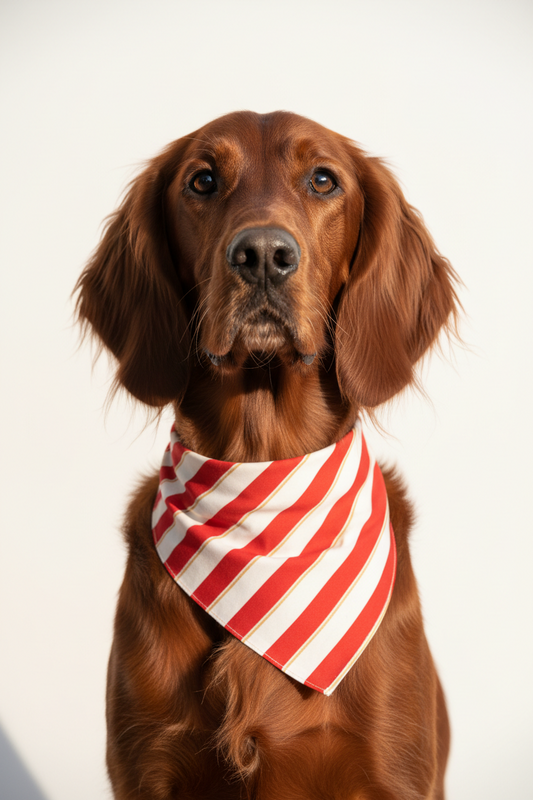 A close-up portrait of aIrish Setter dog wearing a red and white Liverpool striped bandana, set against a plain light background.