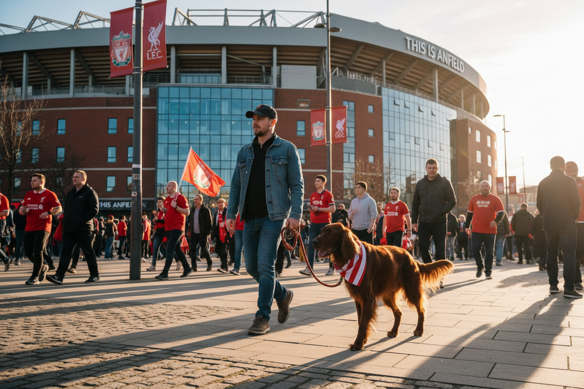 A man walks with an Irish Setter dog on a red and white striped leash in front of Anfield Stadium, with many people wearing red shirts and Liverpool club banners visible in the background.