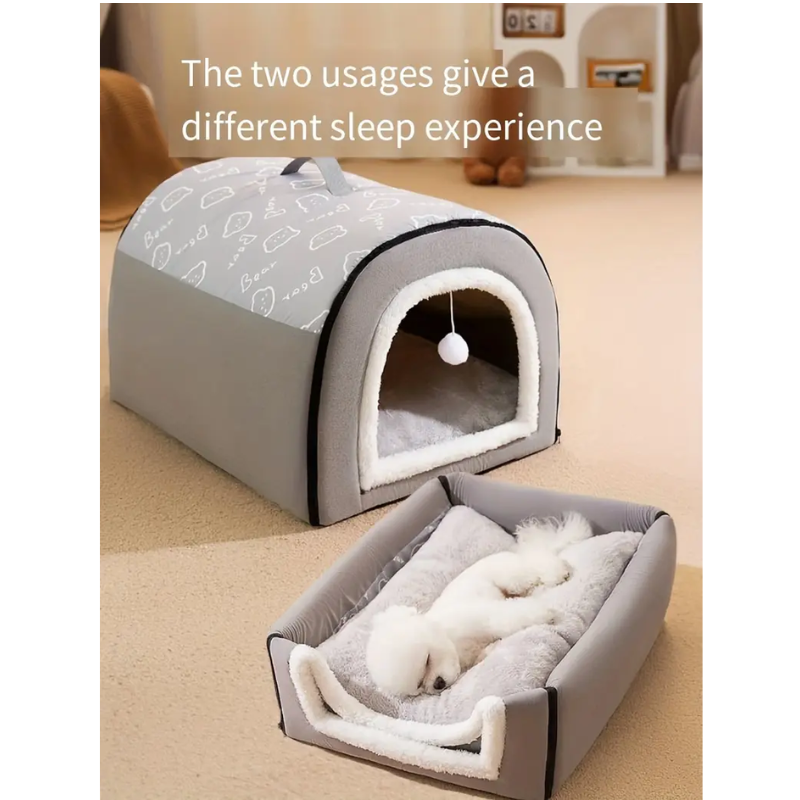Pet bed with a small dog inside, showing two usages for different sleep experiences.