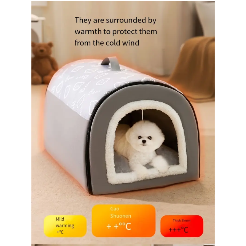 Pet bed with a small white dog inside, surrounded by warmth to protect from cold wind.
