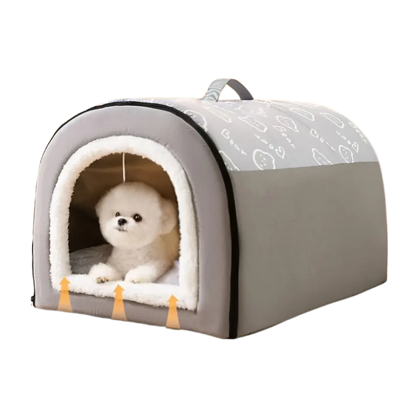 Pet bed with a small dog peeking out on a white background