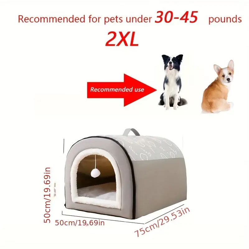 Pet bed with dimensions and recommended size for pets under 30-45 pounds, featuring two dogs.