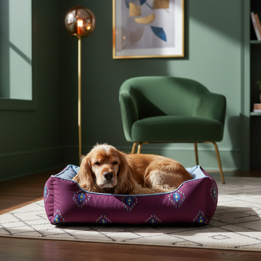 A brown and white dog lies resting inside a purple Art Deco patterned pet bed with a light blue lining, placed on a patterned rug in a modern living room with a green armchair and a gold floor lamp in the background.