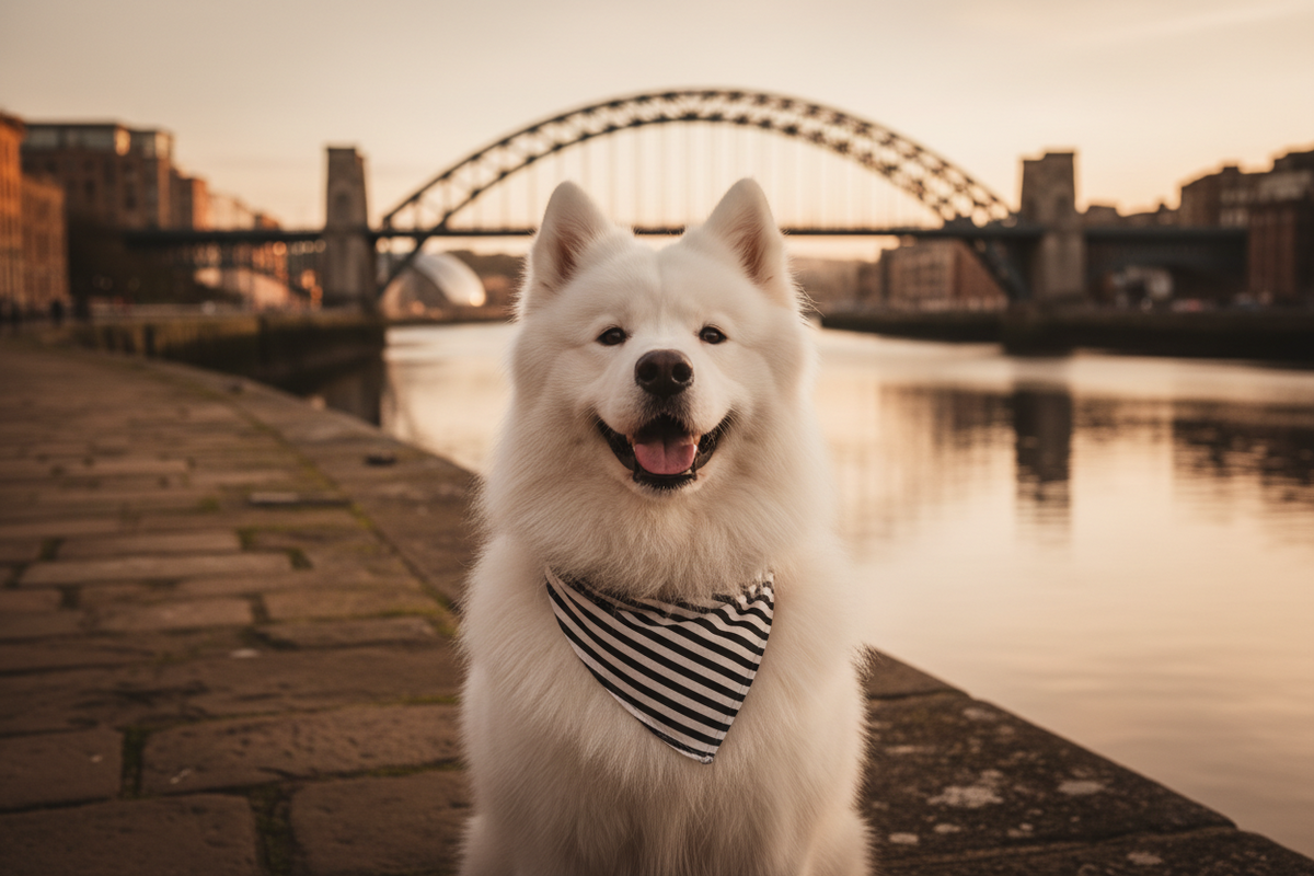 A fluffy white Samoyed dog sitting on a stone riverside walkway, wearing a black and white striped Newcastle bandana. The background features the River Tyne and Bridge at sunset.